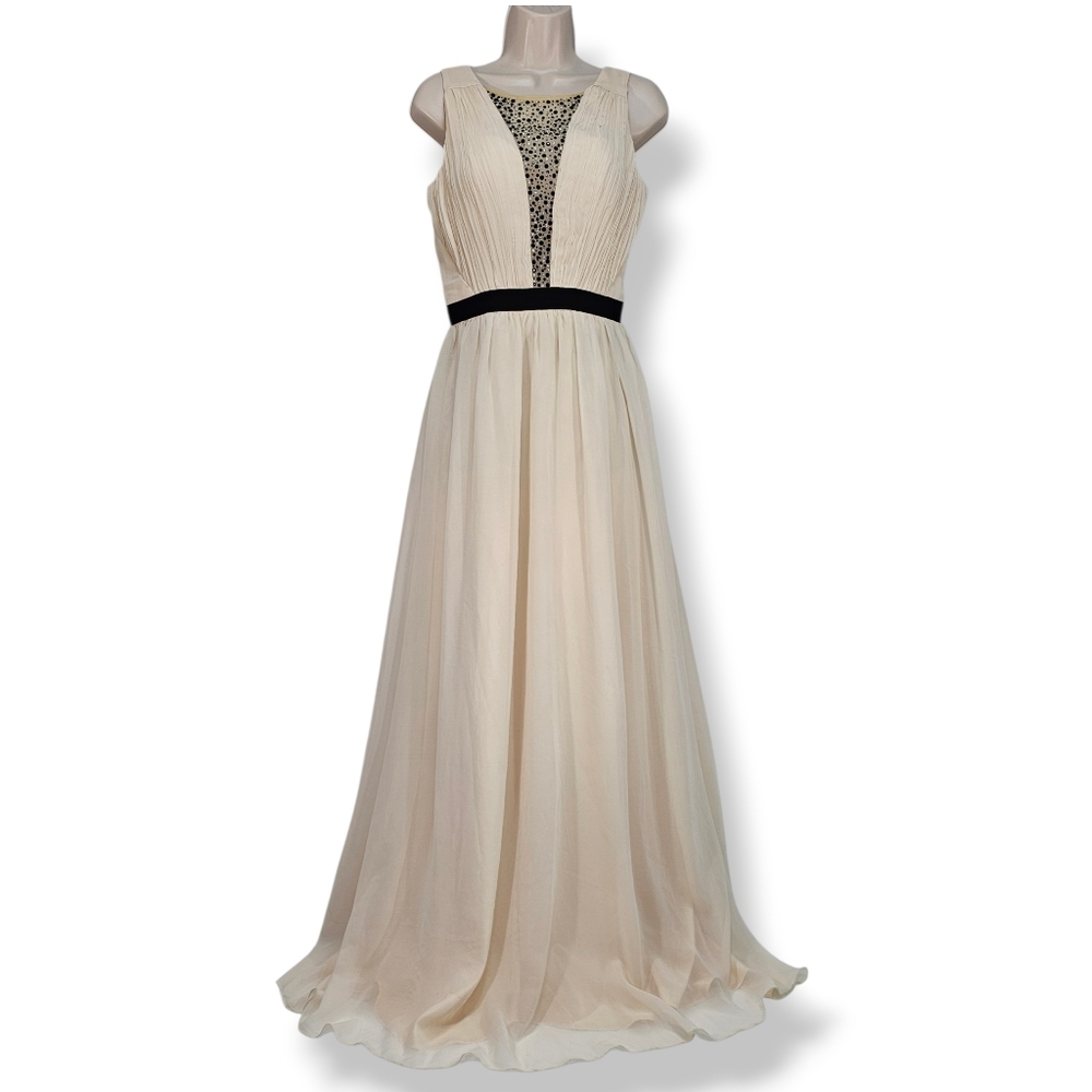 Chi Chi London Cream Rhinestone Illusion Maxi Gown Size 4